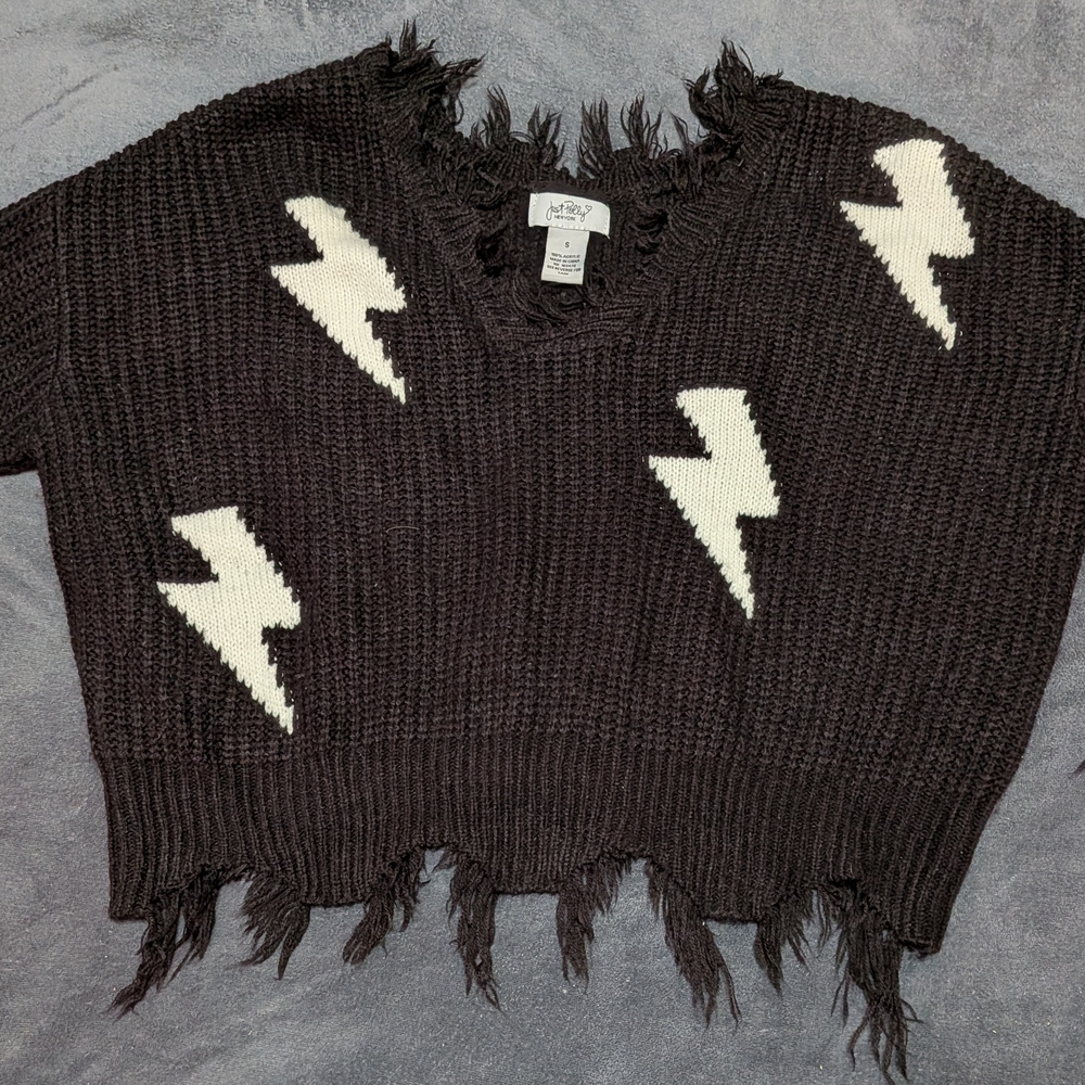 Black V-Neck Sweater with Lightning Design